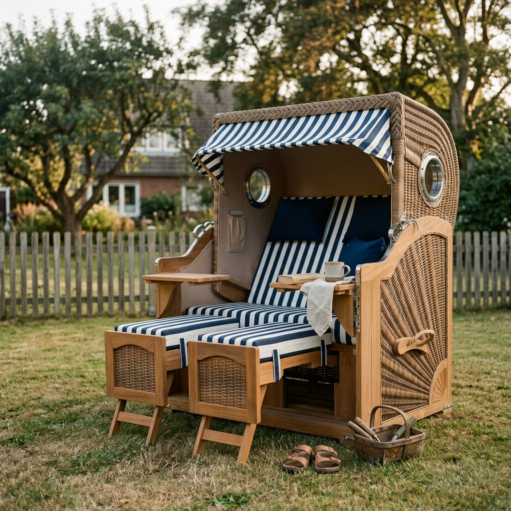 Strandkorb Düne Grande 2-Sitzer aus Teak mit Bullauge in Blau-Weiß