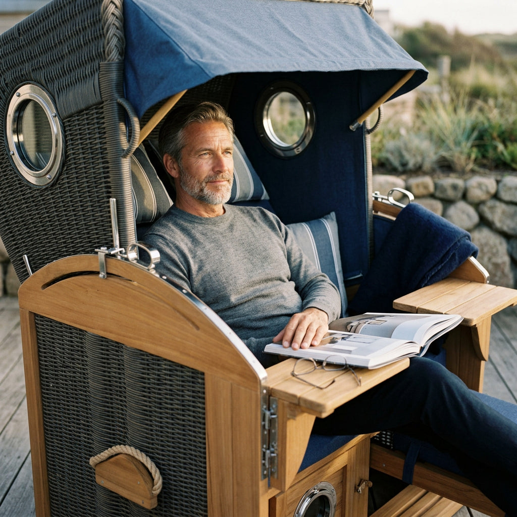 Strandkorb Schillig XL aus Teakholz und Polyrattan in Grau mit Bullauge