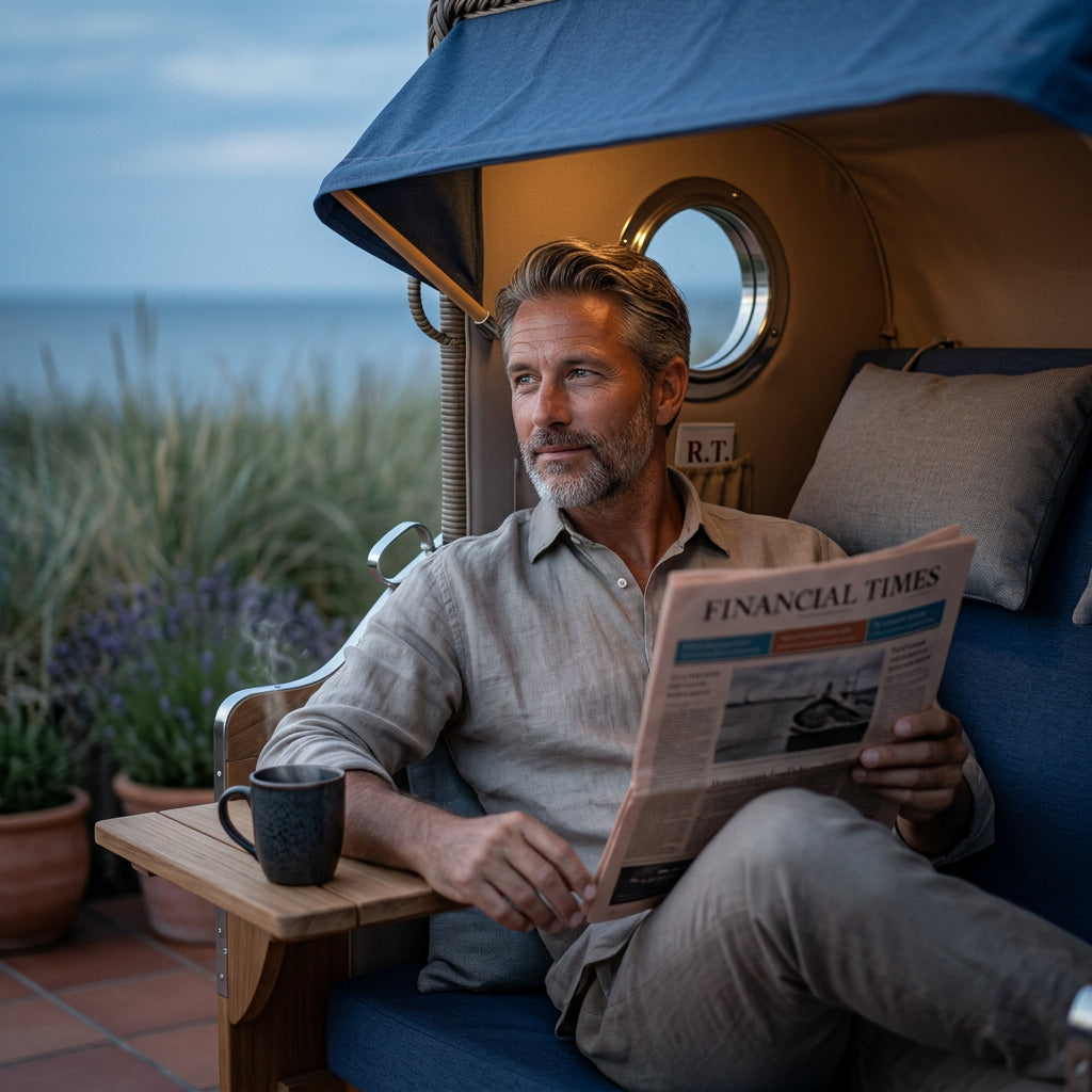 Strandkorb Baltikum 2-Sitzer aus massivem Teakholz mit Bullaugen in Blau