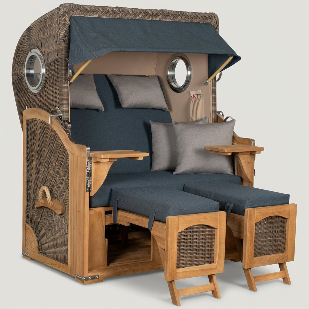 Strandkorb Düne 2-Sitzer aus Teak mit Bullaugen in Marineblau