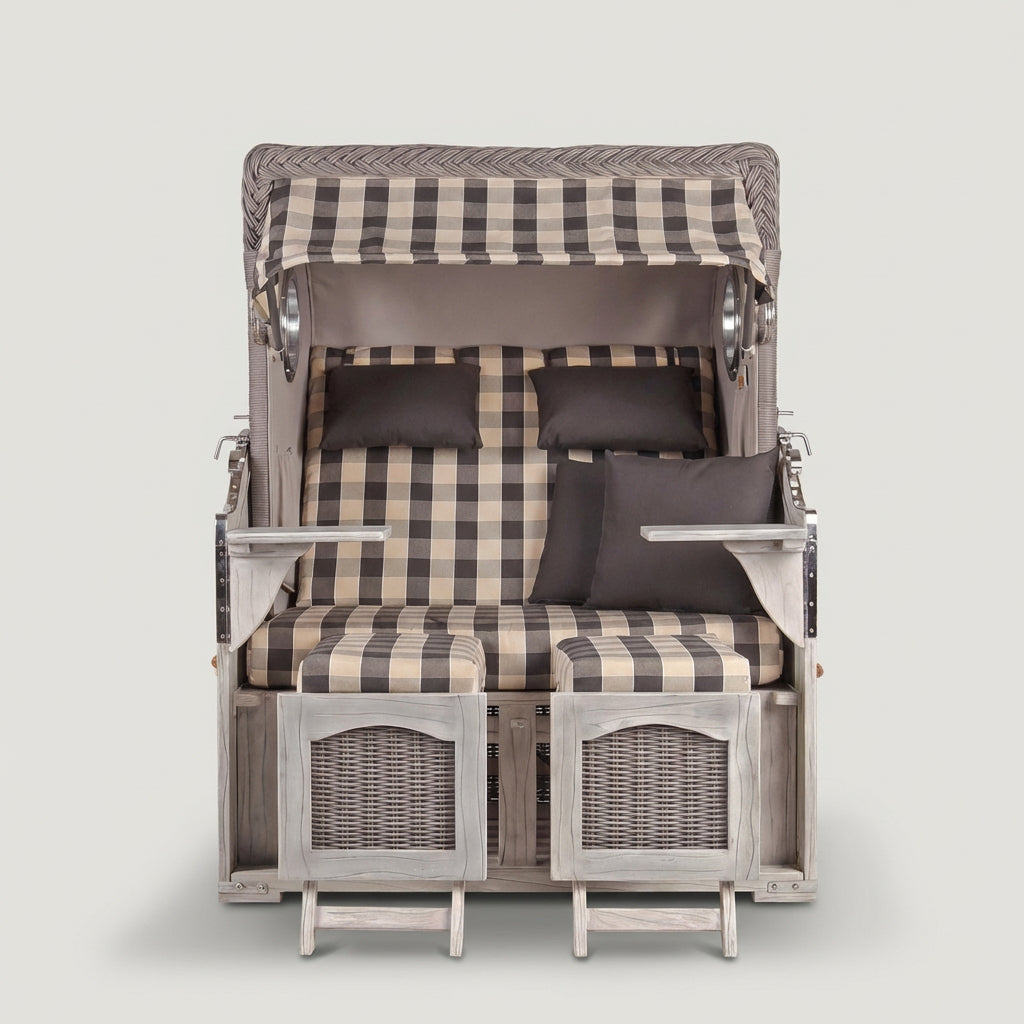 Strandkorb Düne 2-Sitzer in Mahagoni Washed Grey mit Bullauge