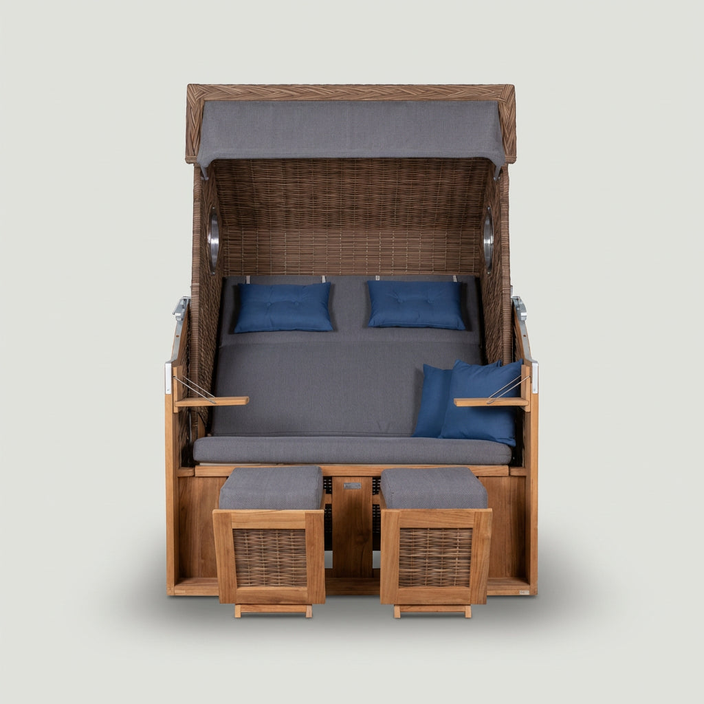Strandkorb Cliff XL SUN aus Polyrattan griseum mit Teakholz-Klapptischen