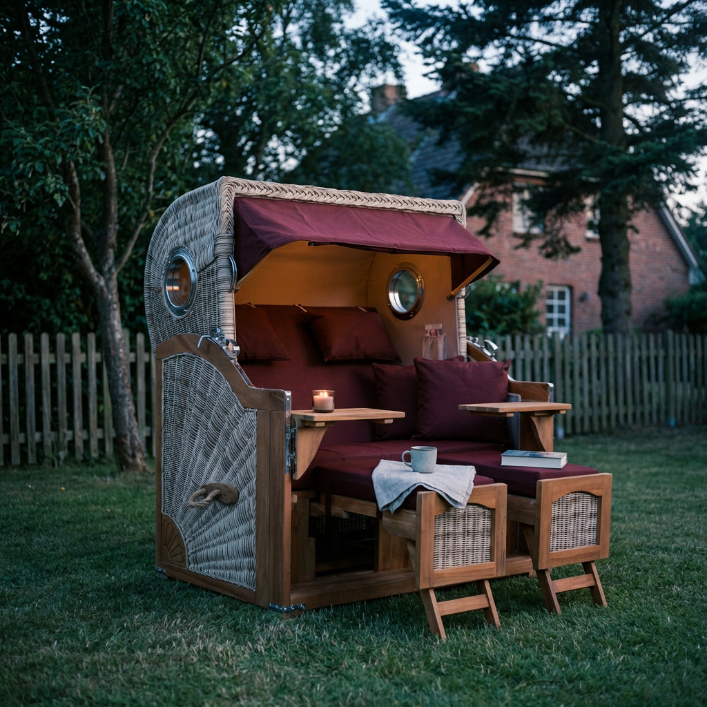 Strandkorb Düne Grande Bullauge Teak PE Shell Dessin 550 - Bild 3