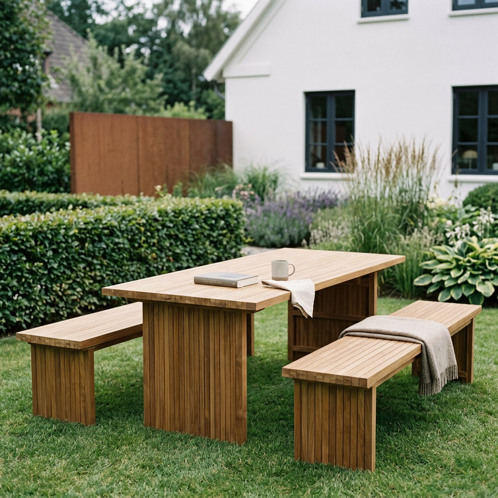 Gartenmöbelset Ashford 180 cm aus massivem Teakholz mit zwei Bänken