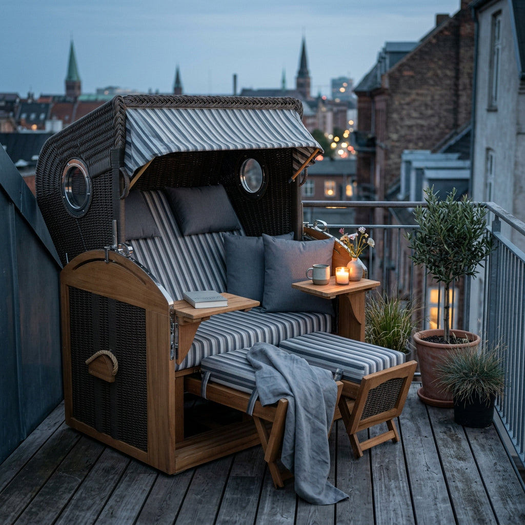 Strandkorb Schillig XL aus Teakholz mit Bullauge in elegantem Grau