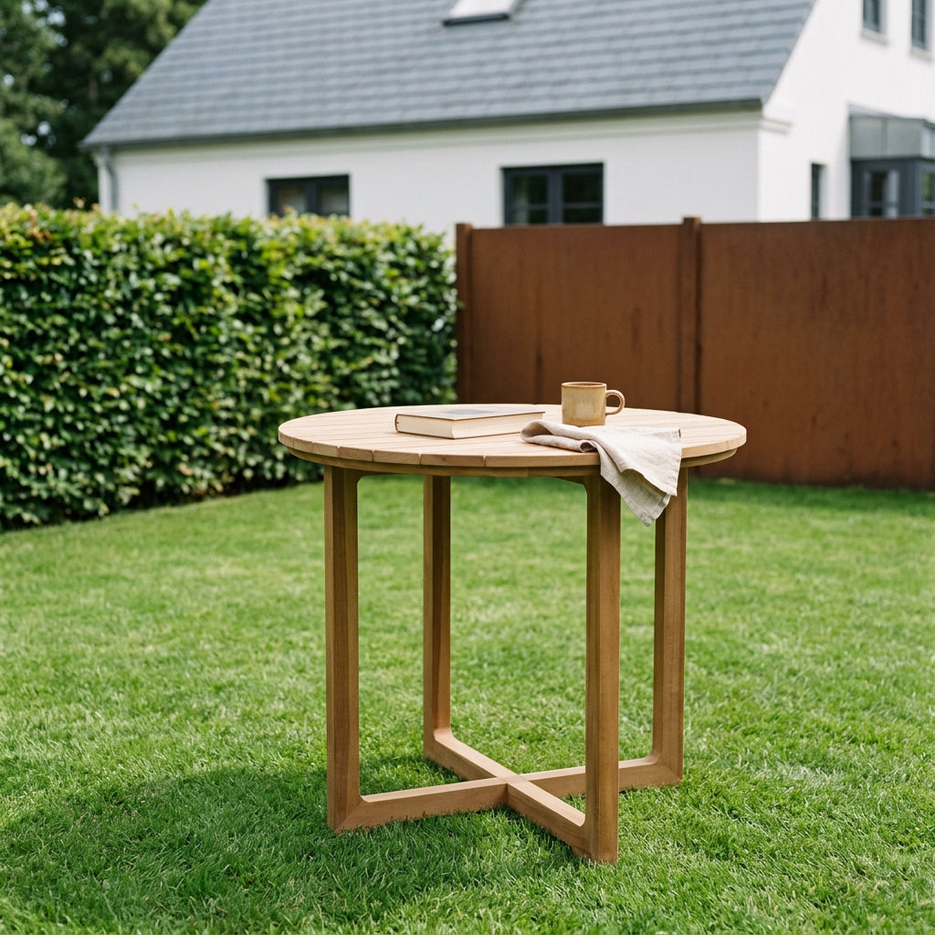 Gartentisch Retford rund 85 cm aus massivem Teakholz mit X-Gestell