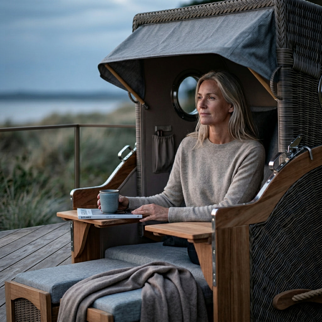 Strandkorb Düne Grande 2-Sitzer aus Teakholz mit Bullauge in elegantem Grau