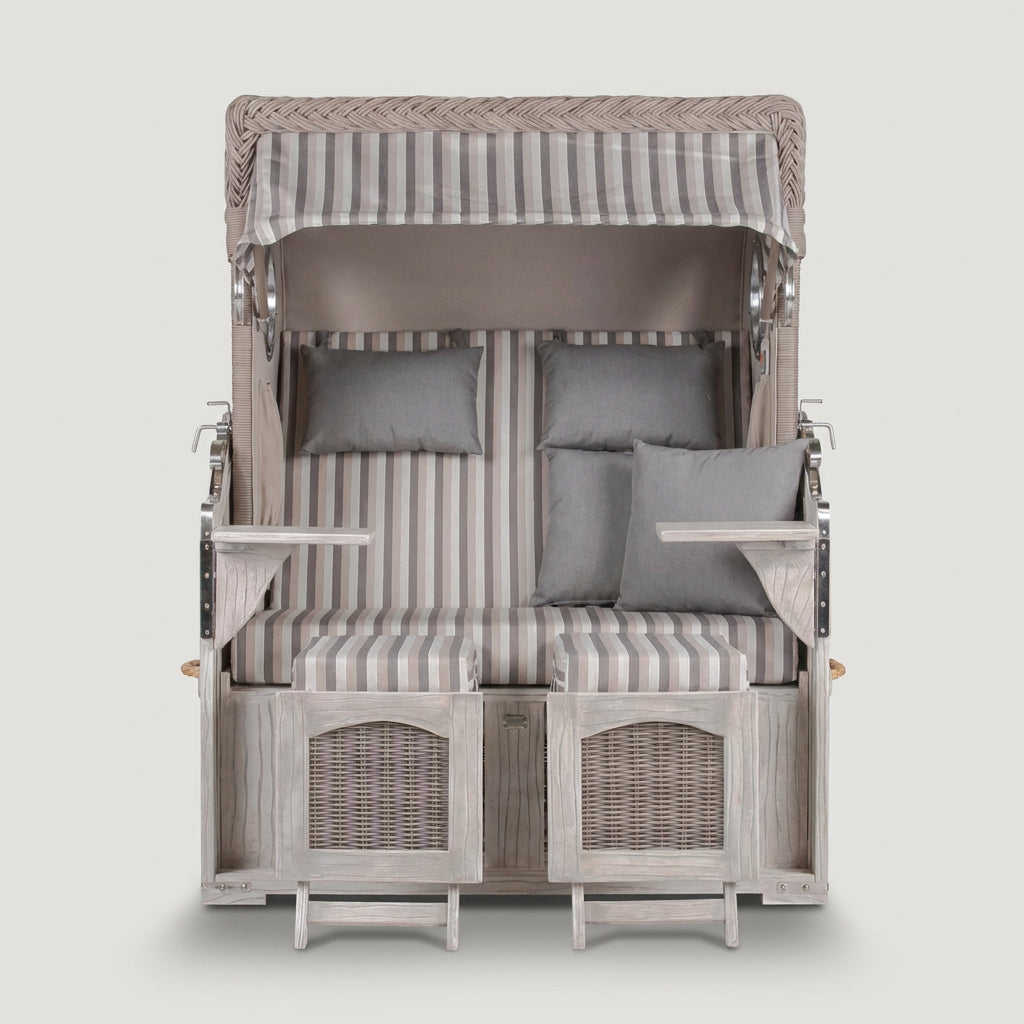 Strandkorb Düne 2-Sitzer in Mahagoni Washed Grey mit Bullauge
