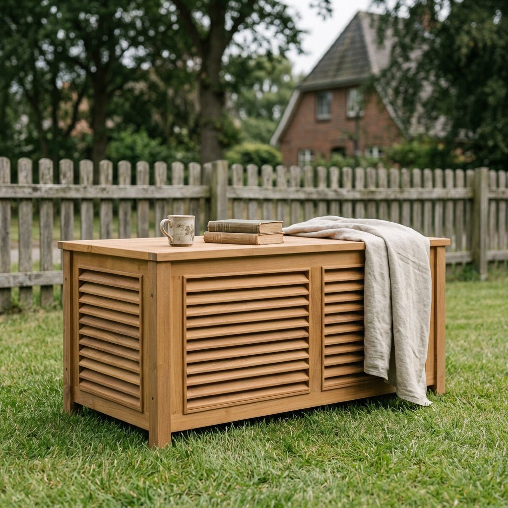 Auflagenbox Grande II aus massivem Teakholz mit Lamellenfront