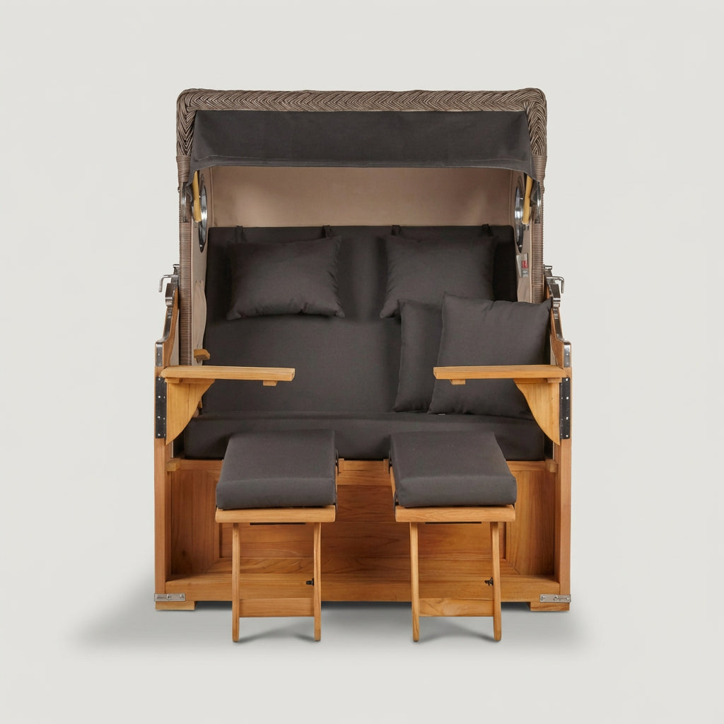 Strandkorb Baltikum mit Bullauge in Teak und PE Grey