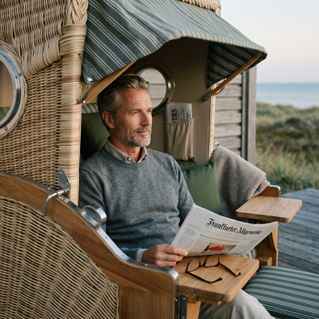 Strandkorb Düne 2-Sitzer aus massivem Teakholz mit grün-weißem Streifendesign