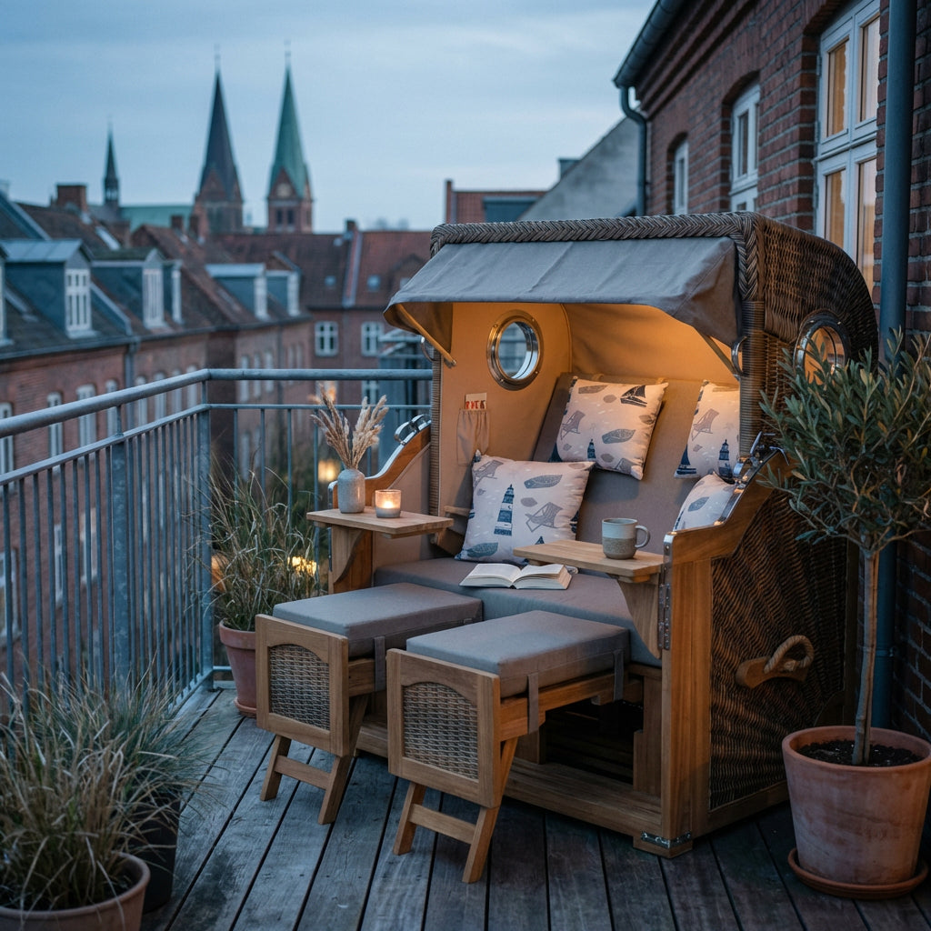 Strandkorb Düne Grande Bullauge Teak PE Banana Dessin 540 - Bild 4