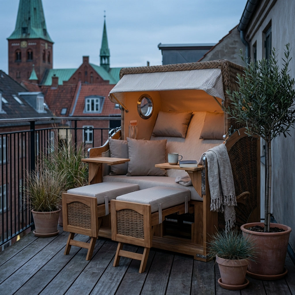 Strandkorb Düne Grande 2-Sitzer aus Teak mit Bullauge in warmem Banana-Ton