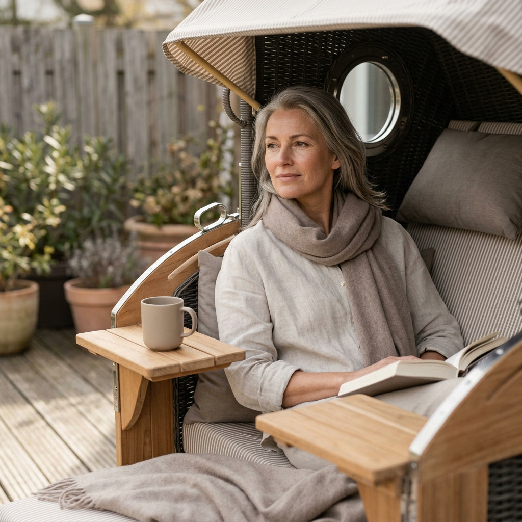 Strandkorb Schillig XL aus Teakholz und Polyrattan mit Bullaugen