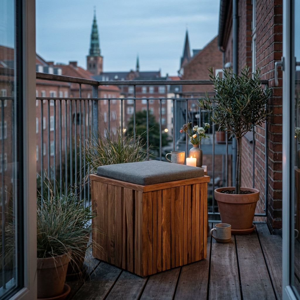Sitzhocker Oxford aus massivem Teakholz mit Sitzkissen in Grau
