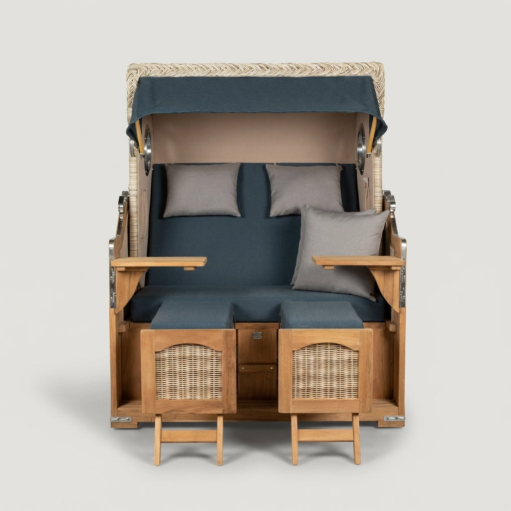Strandkorb Düne Grande 2-Sitzer aus massivem Teakholz mit Bullauge in Marineblau