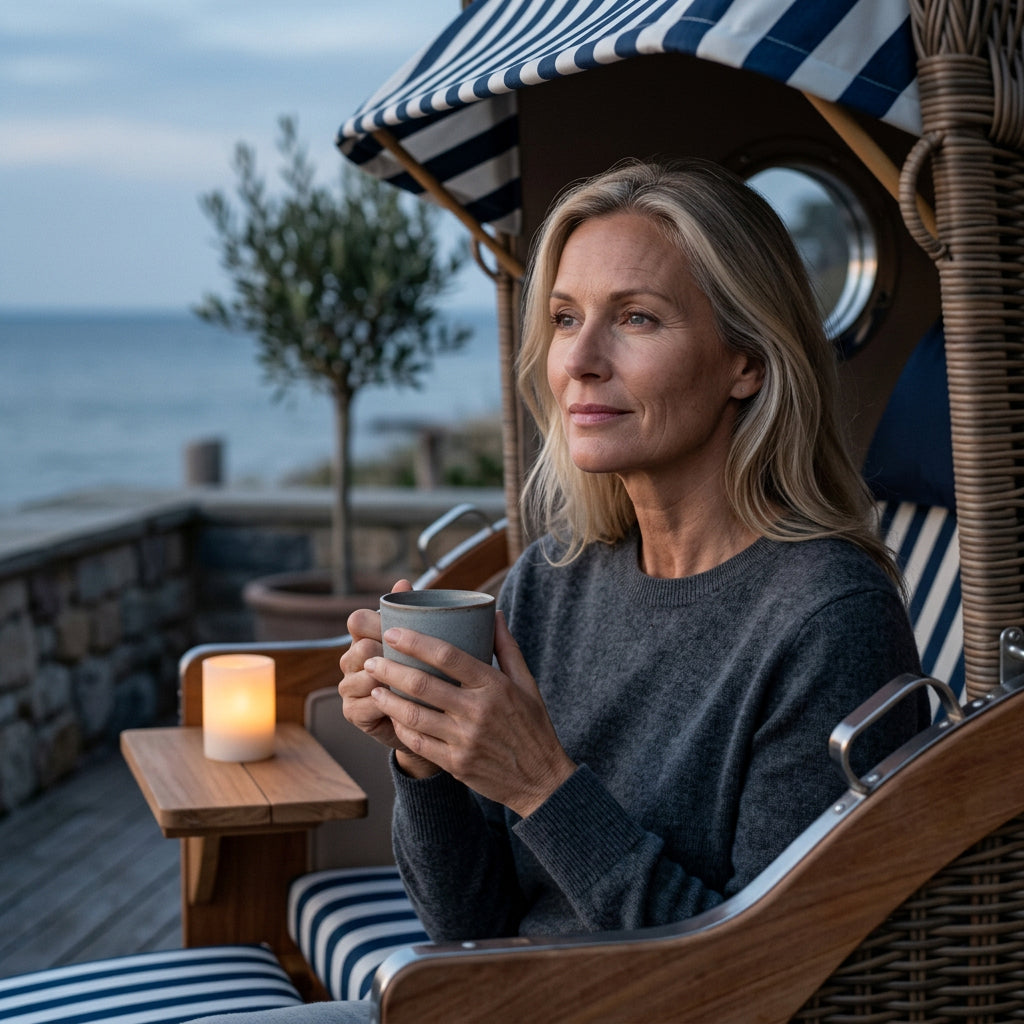 Strandkorb Baltikum 2-Sitzer aus Teak und Polyrattan mit Bullauge
