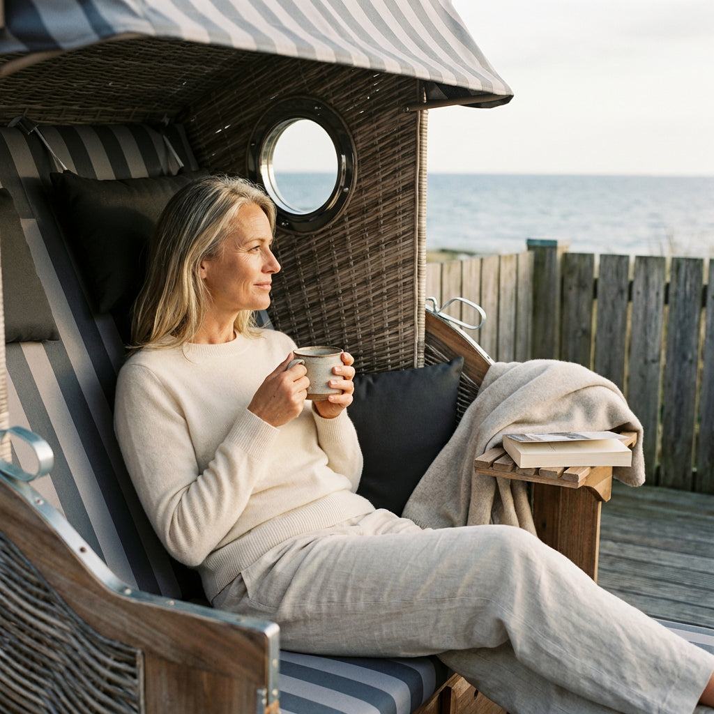 Strandkorb Pure Greenline aus Polyrattan in Grau-Weiß mit Akazienholz