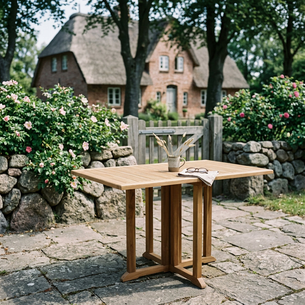 Klapptisch Helston aus massivem Teakholz mit Lamellenplatte