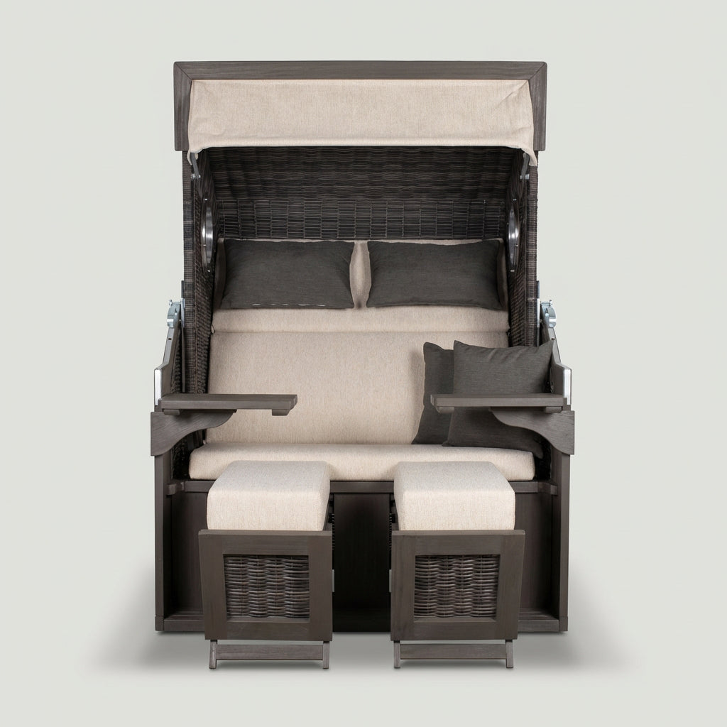 Strandkorb XL Polyrattan stone grey mit Pinienholz und Cocktailtischen