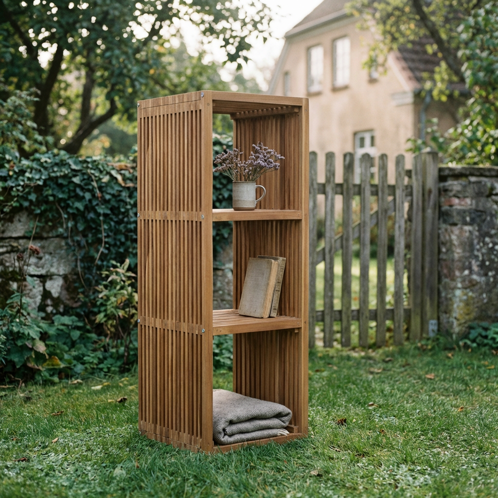 Regal 3 Fächer aus massivem Teakholz mit Lamellenoptik