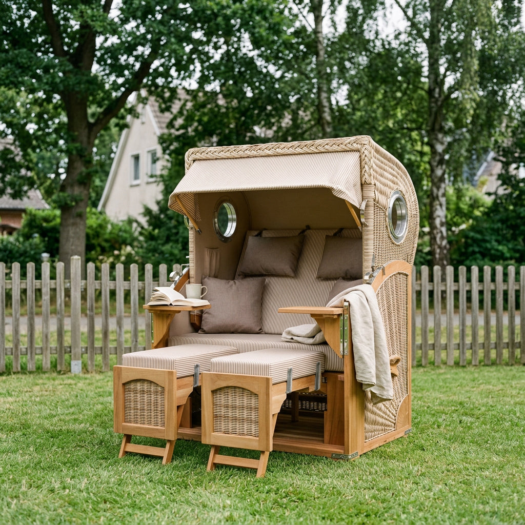 Strandkorb Düne 2-Sitzer aus massivem Teakholz mit Bullauge in warmem Beige