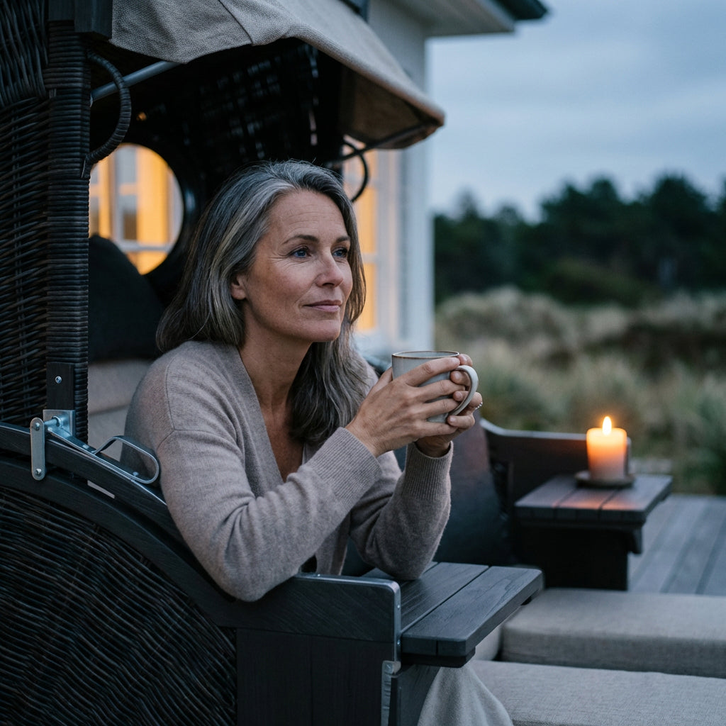 Strandkorb XL Polyrattan stone grey mit Pinienholz und Cocktailtischen