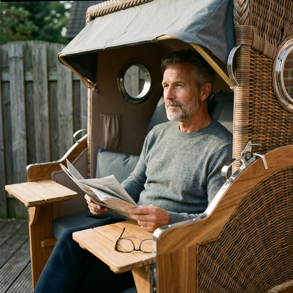 Strandkorb Düne Grande Bullauge Teak PE Banana Dessin 551 - Bild 6