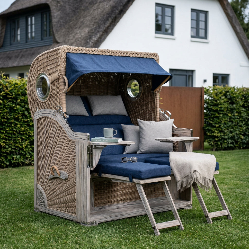 Strandkorb Dünenblick XL in Weiß-Kubu Blau
