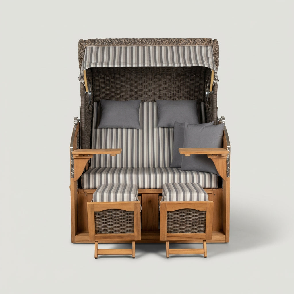 Strandkorb Schillig XL aus Teakholz mit Bullauge in elegantem Grau