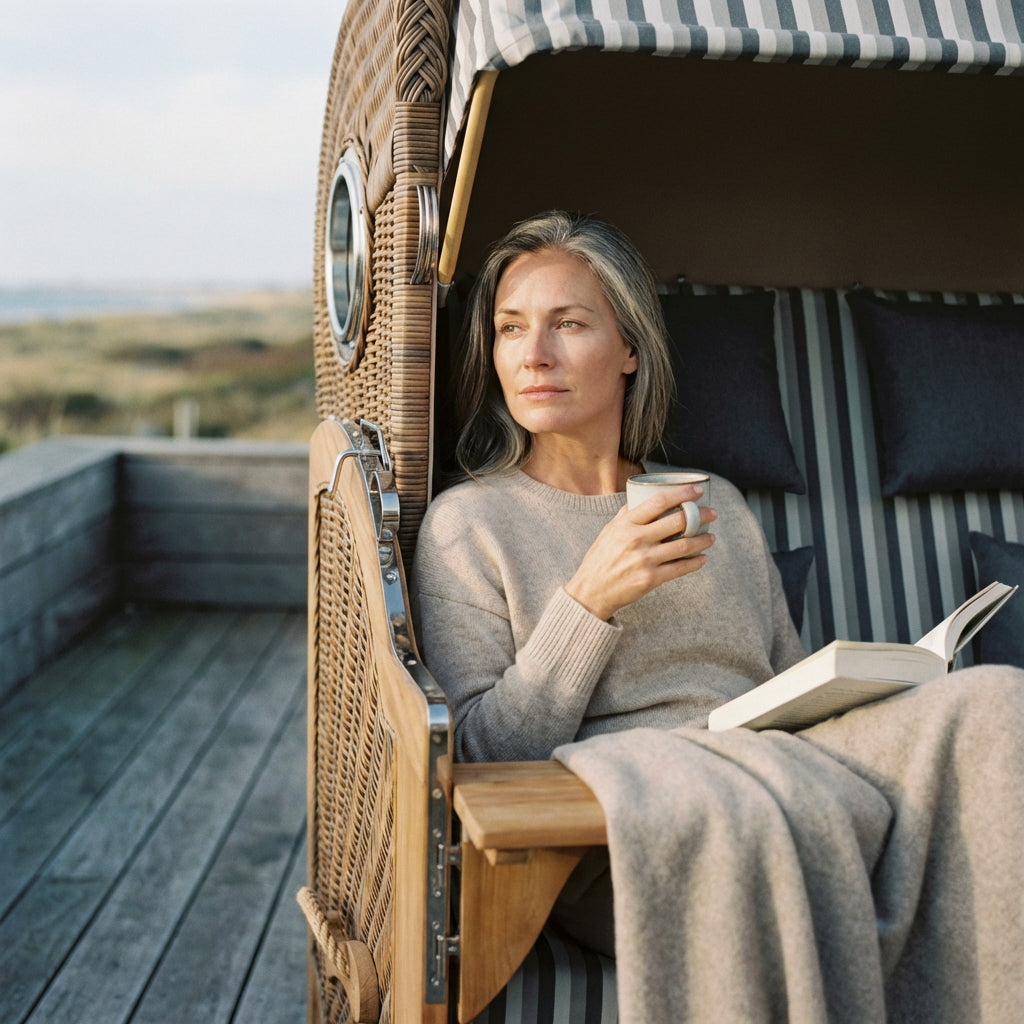 Strandkorb Düne Grande Bullauge Teak PE Banana Dessin 545 - Bild 4