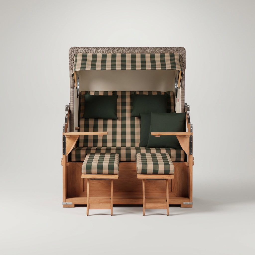 Strandkorb Baltikum 2-Sitzer mit Bullauge in PE Grey mit grün-beige Polsterung