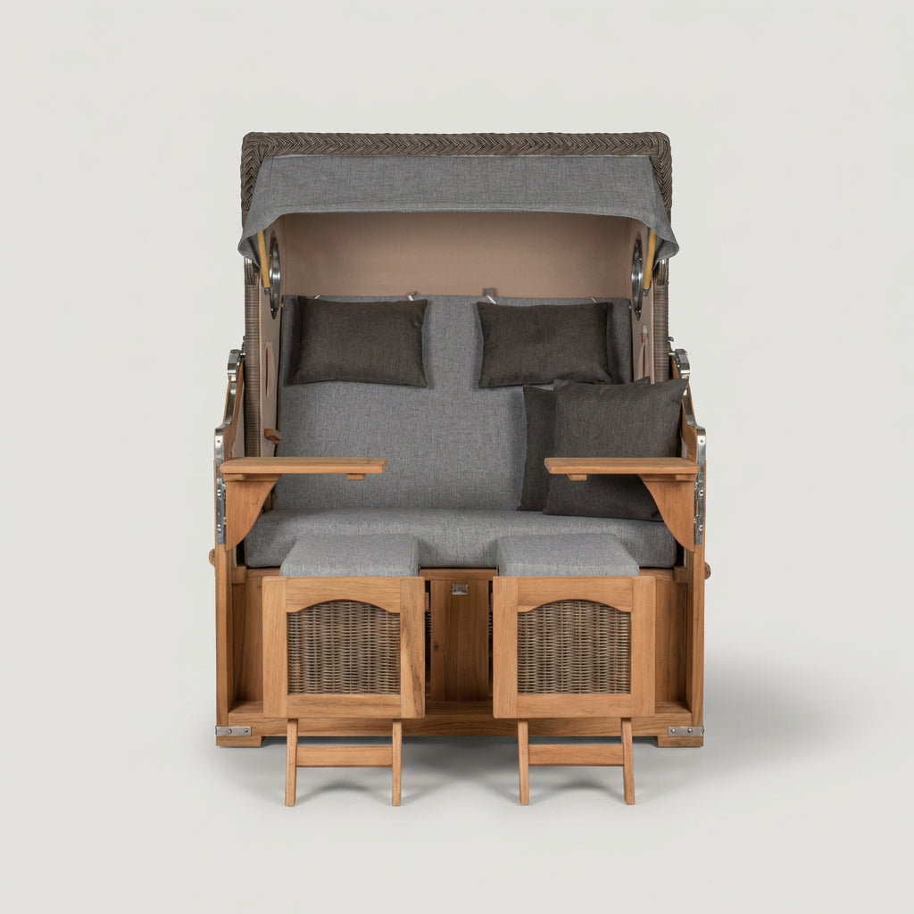 Strandkorb Düne Grande 2-Sitzer aus Teakholz mit Bullauge in elegantem Grau