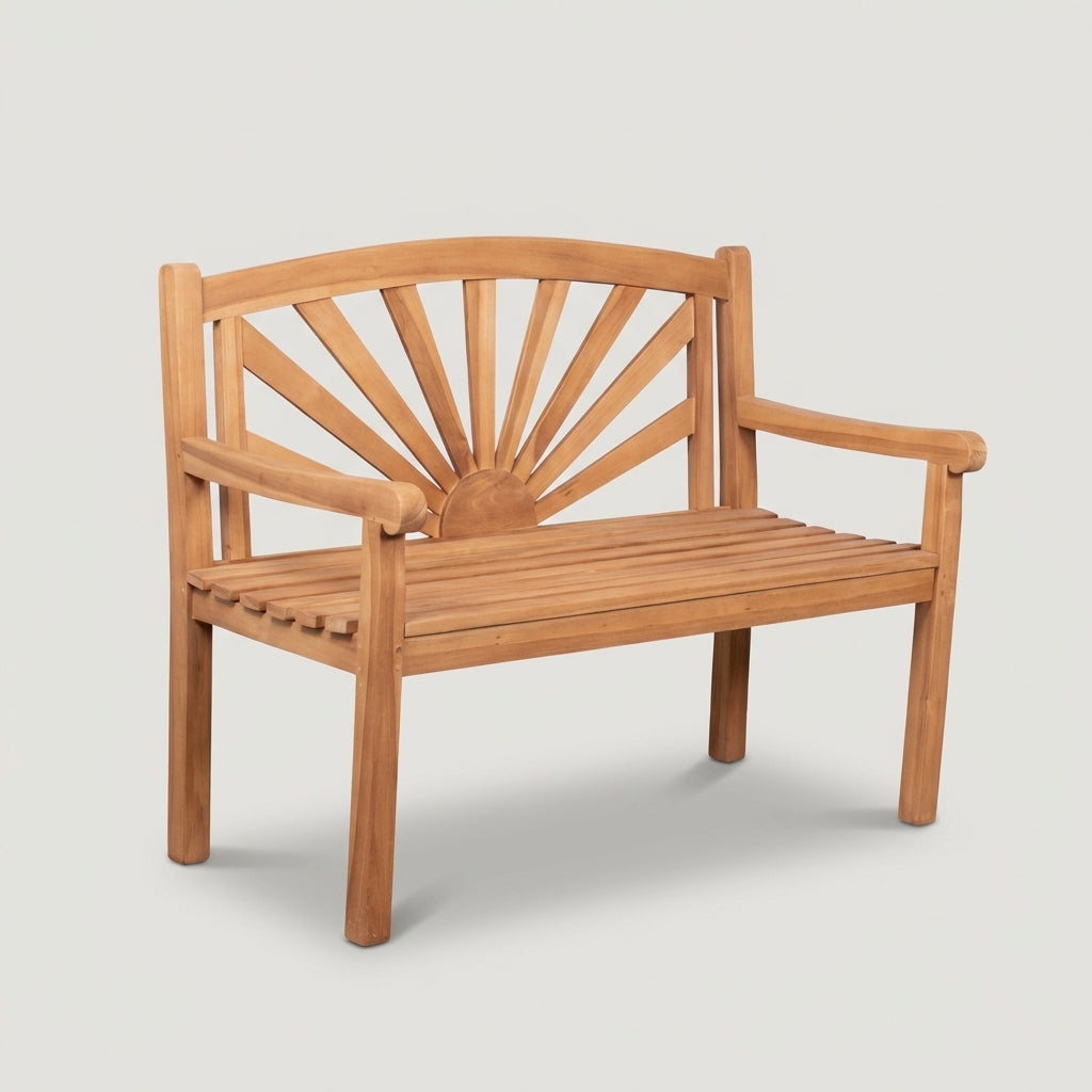 Gartenbank Sonne 120 cm aus massivem Teakholz mit Sonnenstrahlen-Design