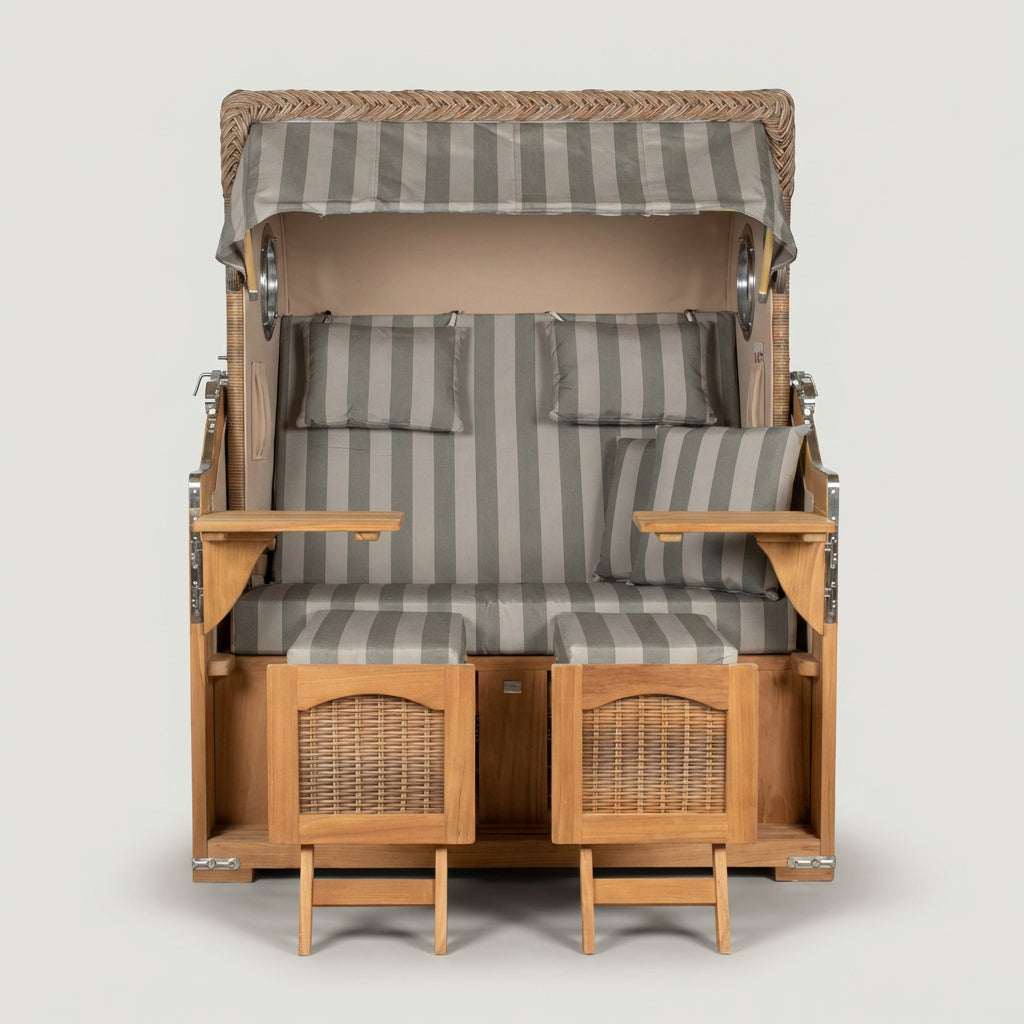 Strandkorb Düne Grande 2-Sitzer in PE Banana mit Bullaugen und Teakholz-Details