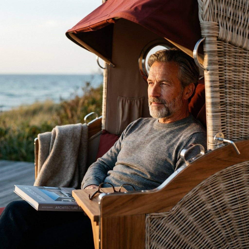 Strandkorb Düne Grande 2-Sitzer aus massivem Teakholz mit Bullauge in Bordeaux