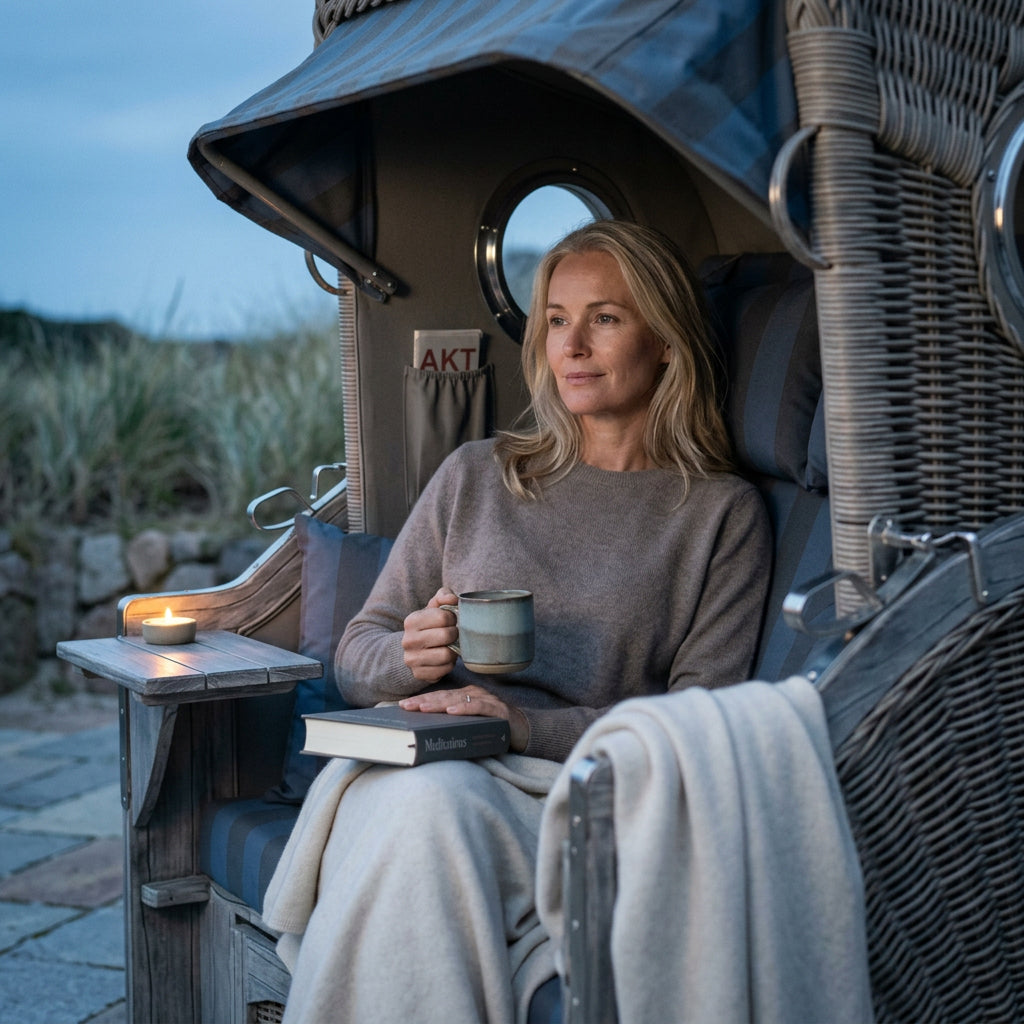 Strandkorb Düne 2-Sitzer in Washed Grey mit Bullaugen-Fenstern