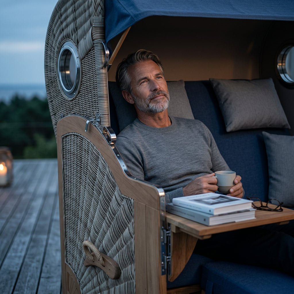 Strandkorb Düne Grande 2-Sitzer aus Teak mit Bullauge in Blau