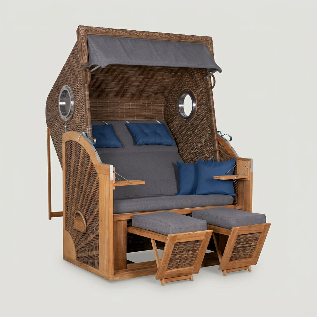 Strandkorb Cliff XL SUN aus Polyrattan griseum mit Teakholz-Klapptischen