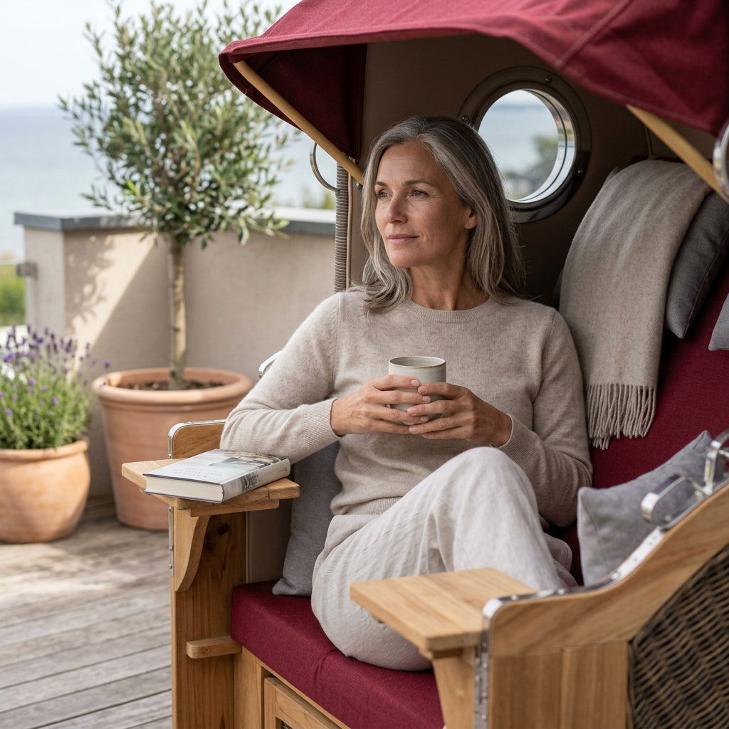 Strandkorb Düne 2-Sitzer aus Teak und Polyrattan mit Bullaugen