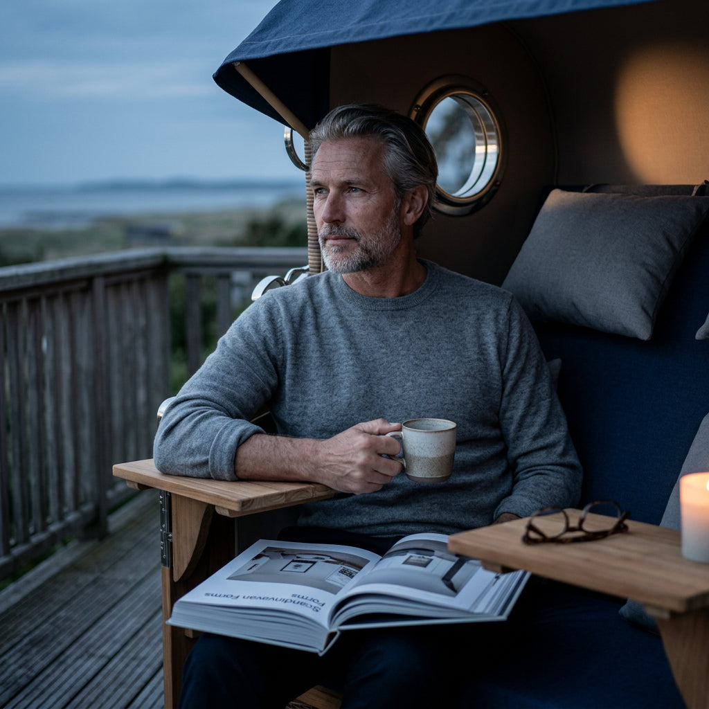 Strandkorb Düne Grande 2-Sitzer aus Teakholz mit Bullauge in Marineblau