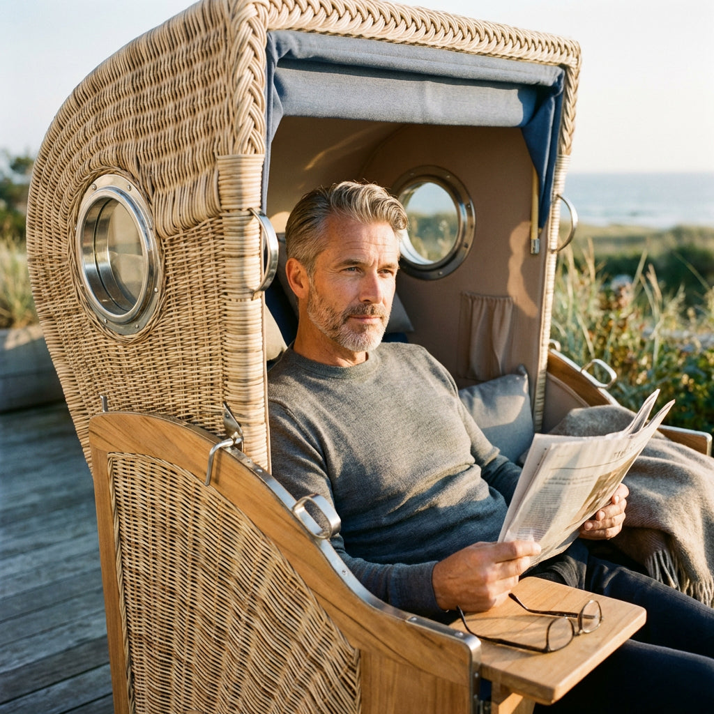 Strandkorb Düne 2-Sitzer aus Teak mit Bullauge in Marineblau