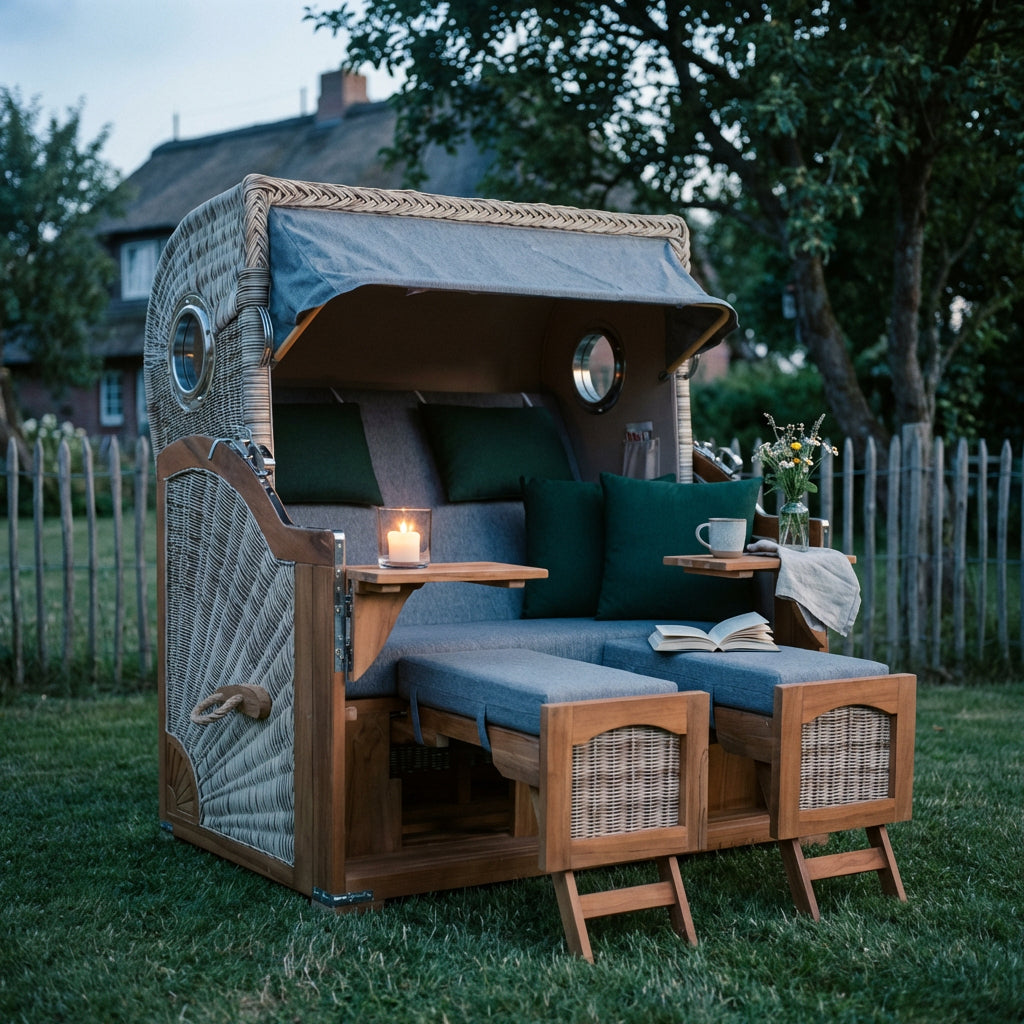 Strandkorb Düne Grande Bullauge Teak PE Shell Dessin 571 - Bild 5