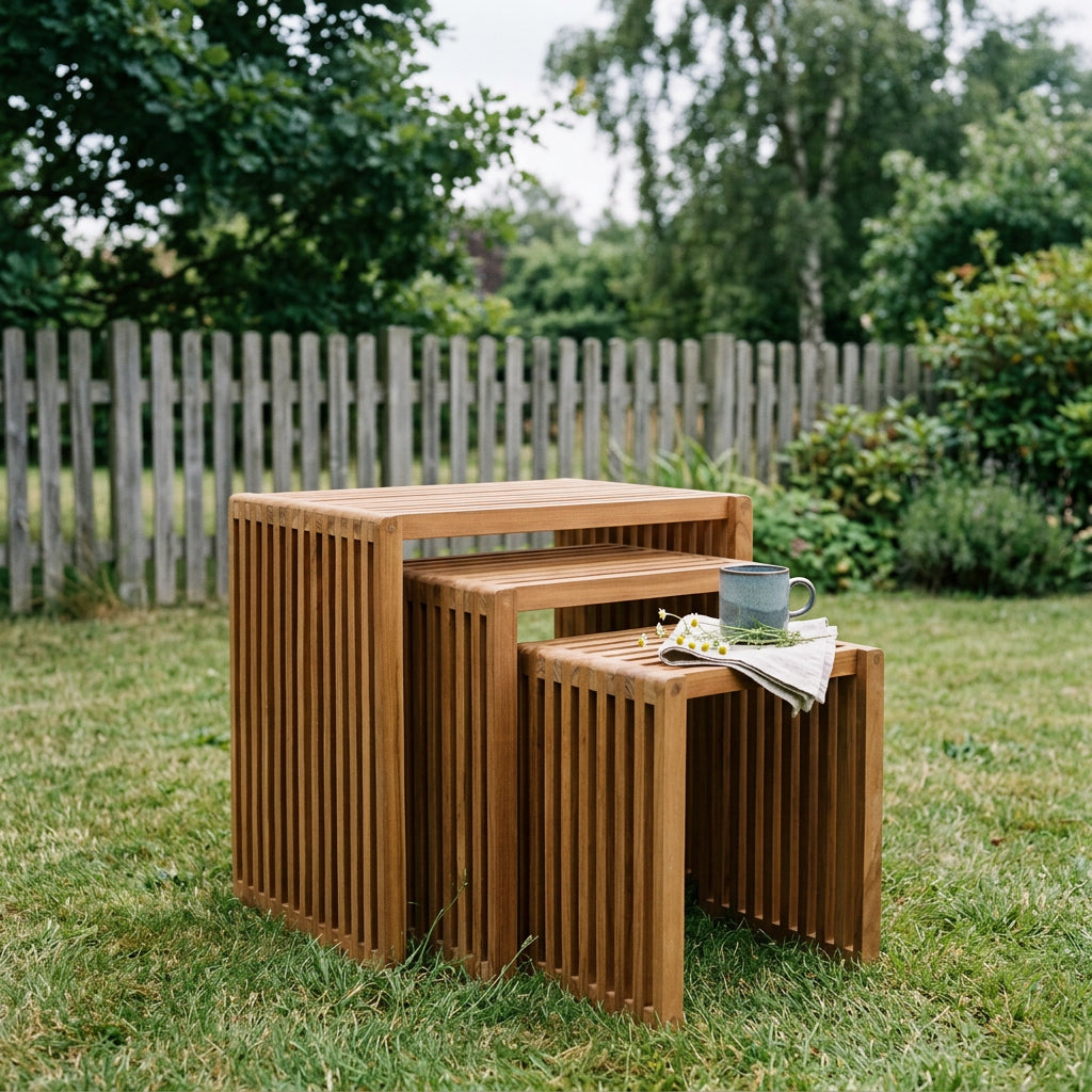 Beistelltische 3er Set aus massivem Teakholz mit Lamellendesign