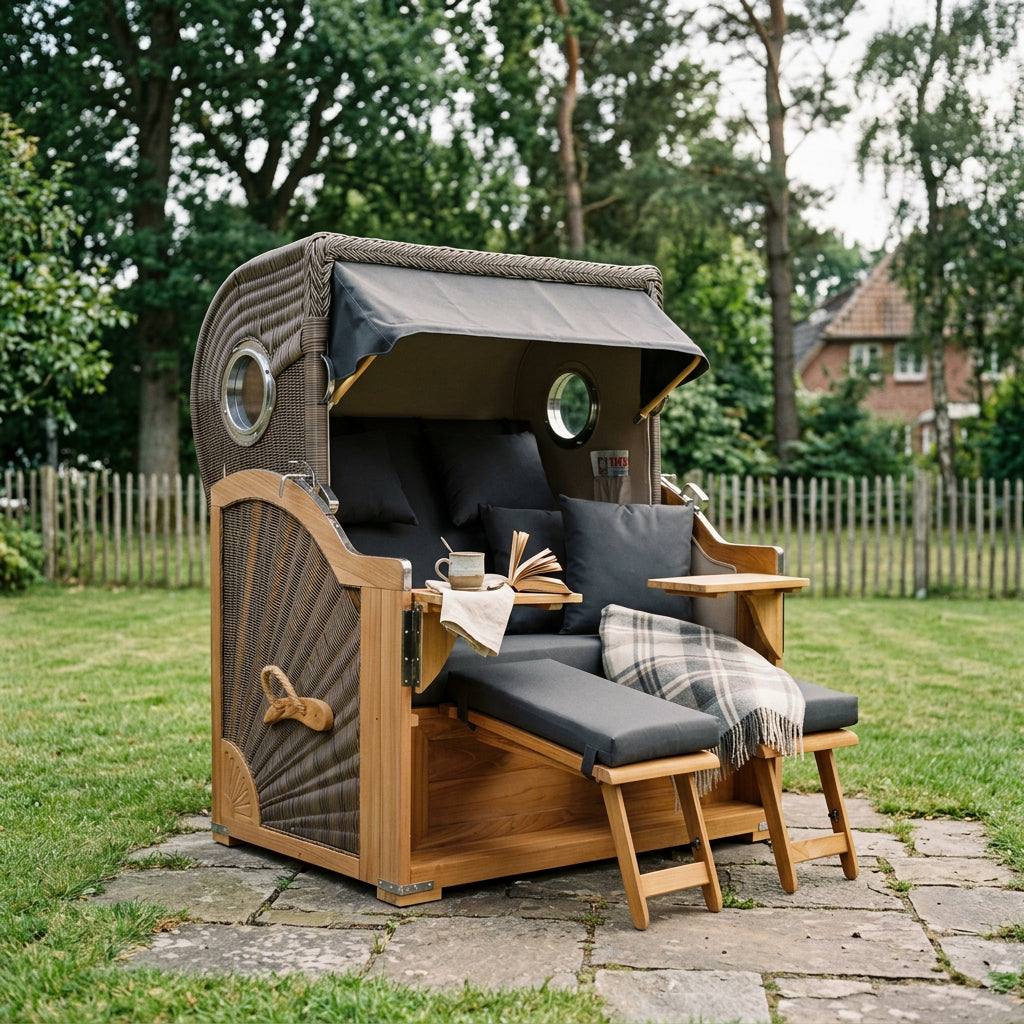 Strandkorb Baltikum mit Bullauge in Teak und PE Grey