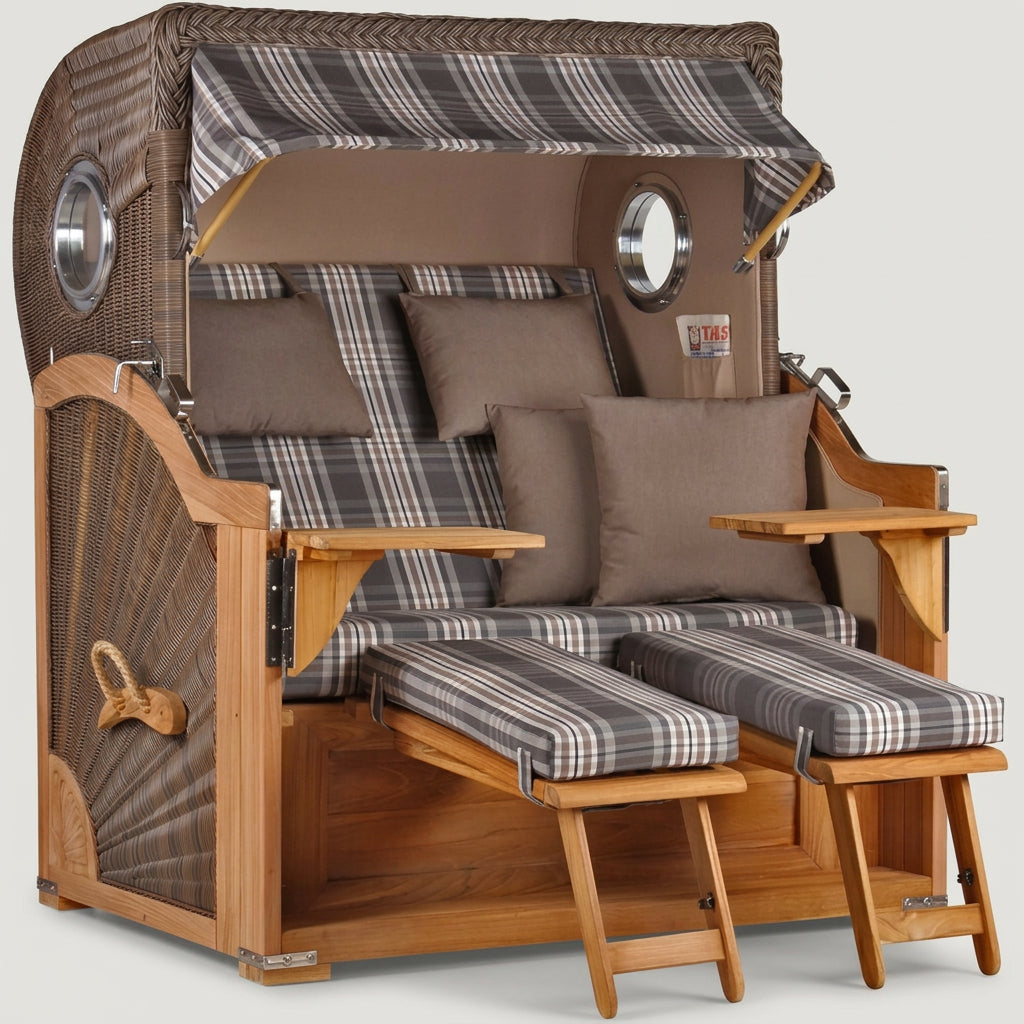Strandkorb Baltikum 2-Sitzer in Teak mit Bullauge und Polyrattan in Grau
