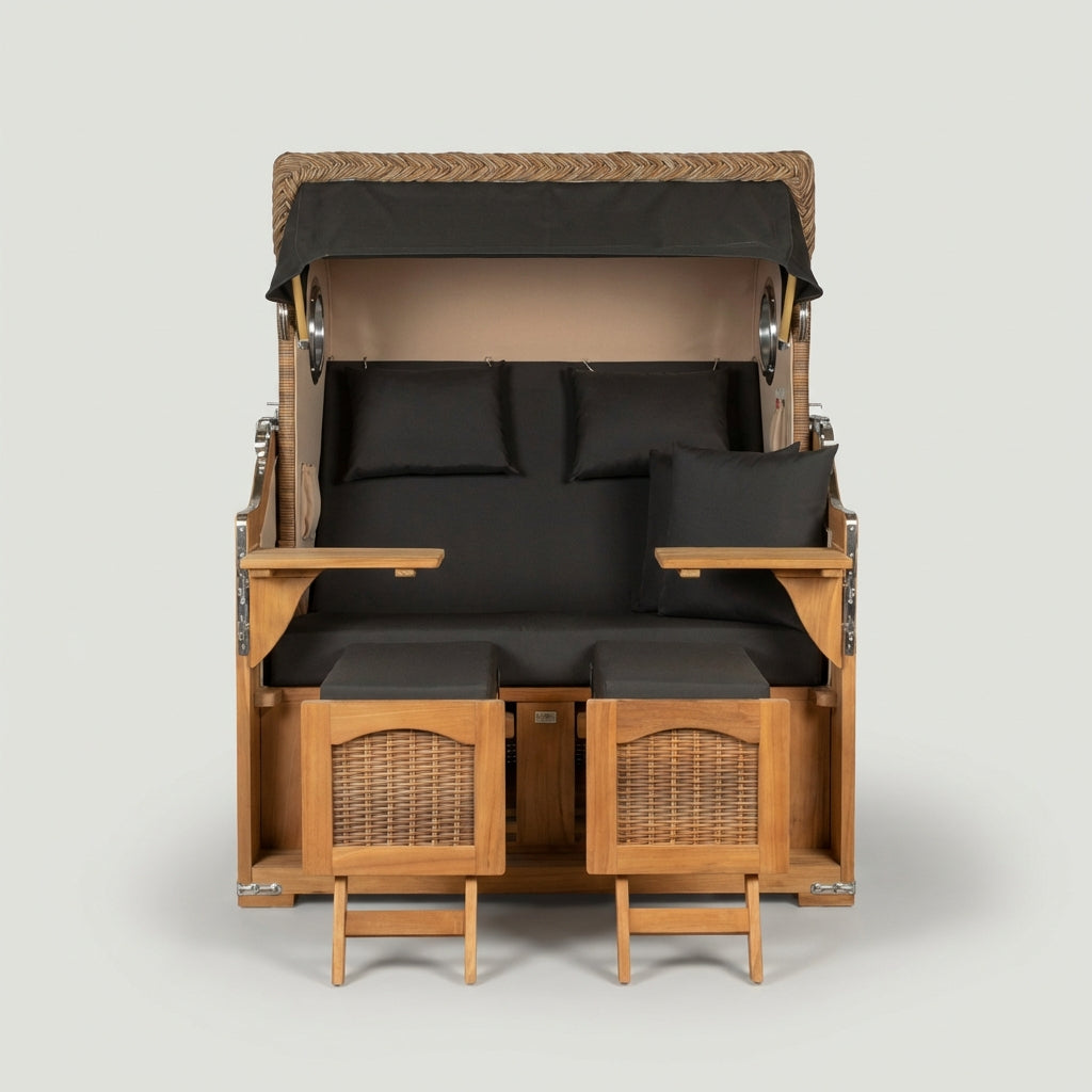Strandkorb Düne Grande 2-Sitzer aus Teak mit Bullauge in PE Banana