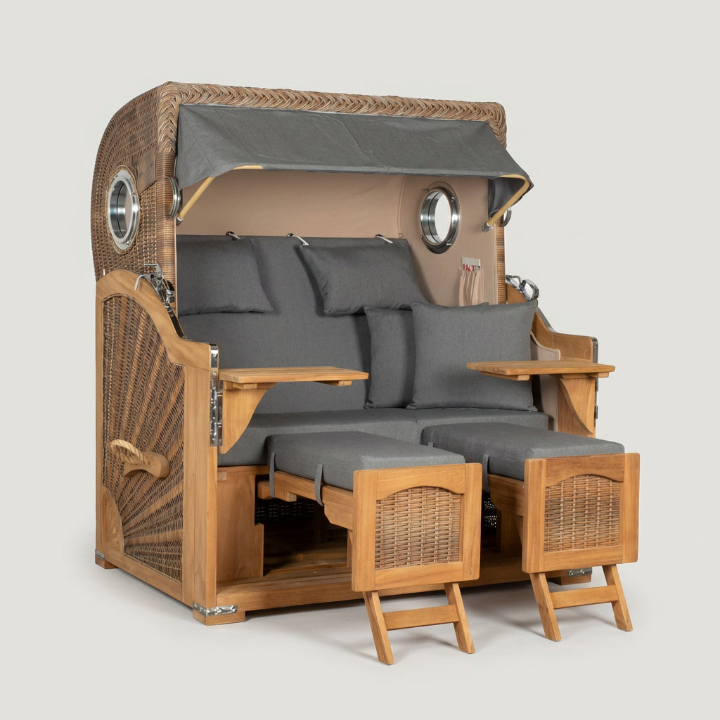 Strandkorb Düne Grande Bullauge Teak PE Banana Dessin 551 - Bild 1