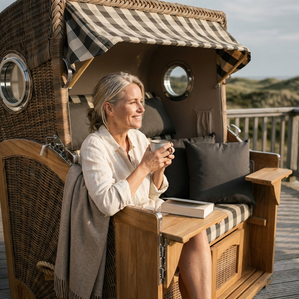 Strandkorb Düne Grande Bullauge Teak PE Banana Dessin 505 - Bild 4