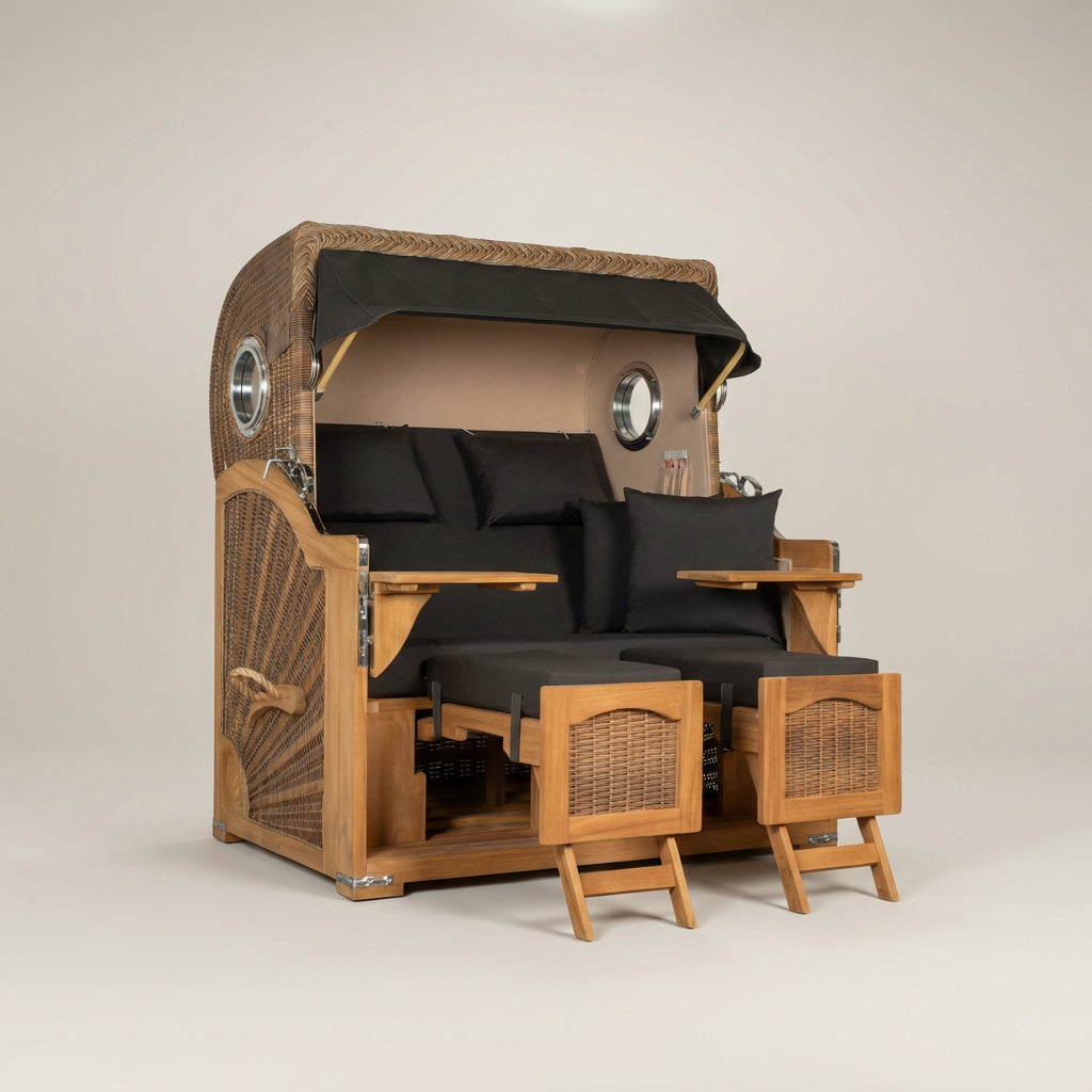 Strandkorb Düne Grande Bullauge Teak PE Banana Dessin 548 - Bild 1